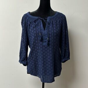 Daniel Rainn Blouse Pale Sky Wilcox Smock Detail Top Eyelet Allover Navy Small
